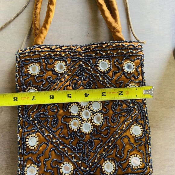 Vintage Embroidered Beaded Mirror Purse Evening Bag Copper Magnetic Close - Picture 3 of 9
